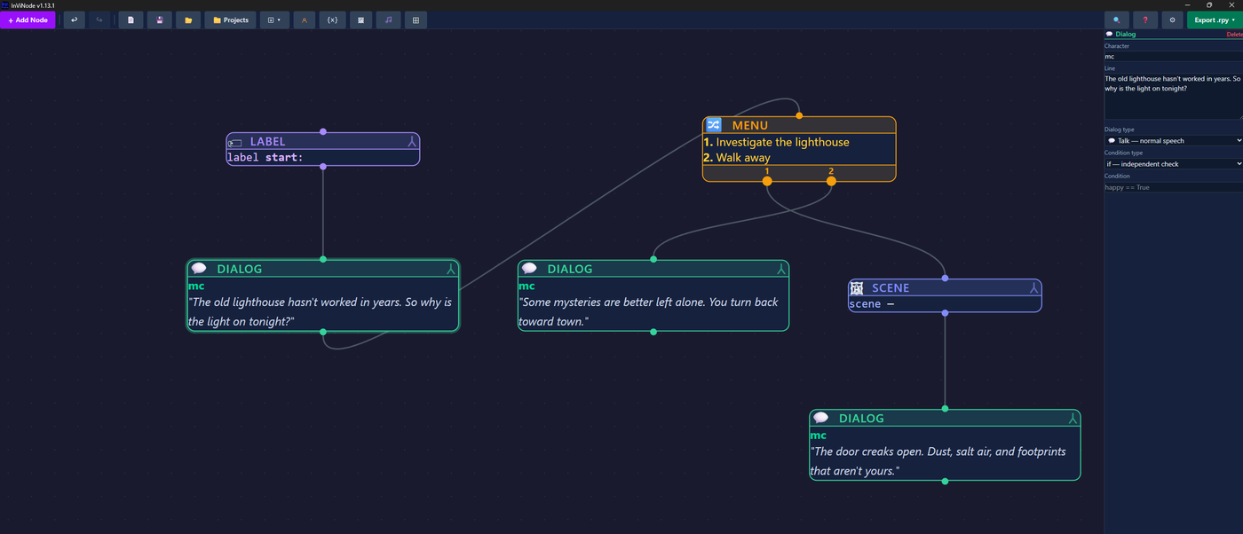 InViNode node-graph canvas with a sample story flow