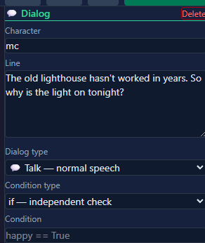 The node inspector panel editing a Dialog node